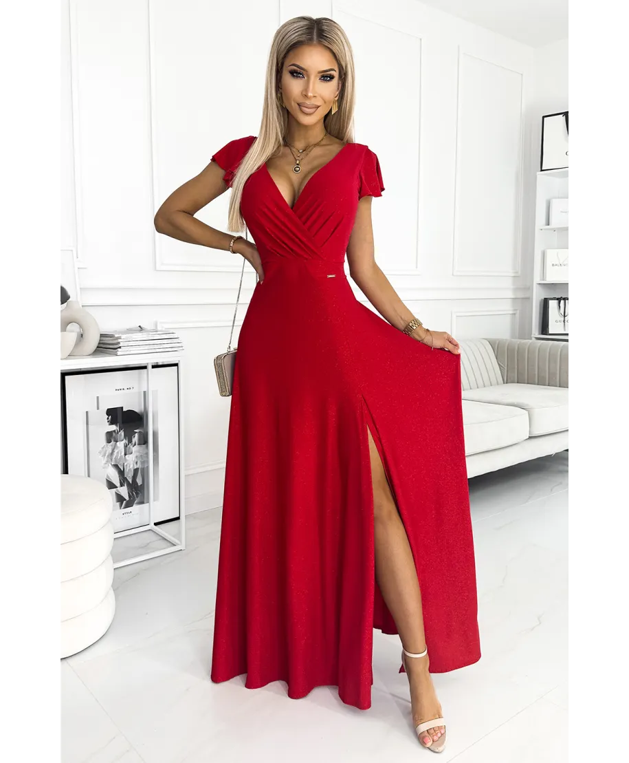 Vestito elegante rosso brillante lungo con corpetto incrociato – Modello CRYSTAL - gogolfun