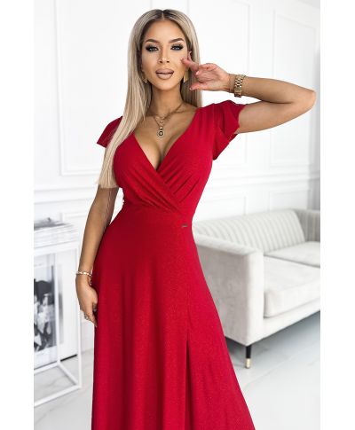 Vestito elegante rosso brillante lungo con corpetto incrociato – Modello CRYSTAL - gogolfun