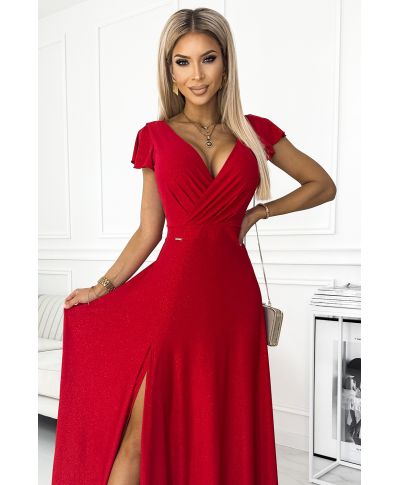 Vestito elegante rosso brillante lungo con corpetto incrociato – Modello CRYSTAL - gogolfun