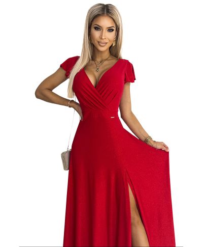 Vestito elegante rosso brillante lungo con corpetto incrociato – Modello CRYSTAL - gogolfun