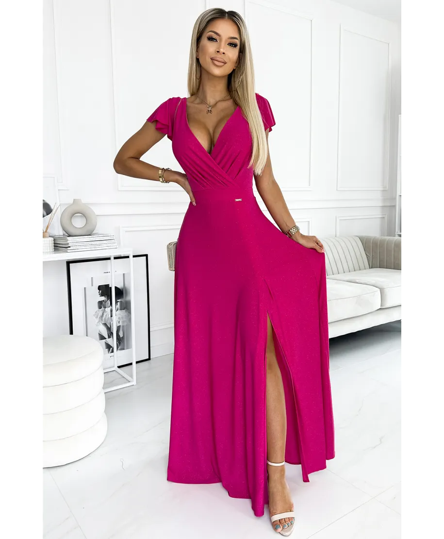 Abito lungo cerimonia fucsia brillante - Scollatura incrociata e spacco elegante - CRYSTAL - GOGOLFUN.IT