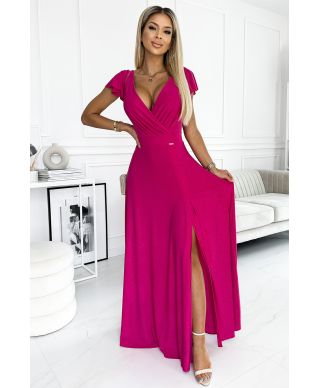 Abito lungo cerimonia fucsia brillante - Scollatura incrociata e spacco elegante - CRYSTAL - GOGOLFUN.IT