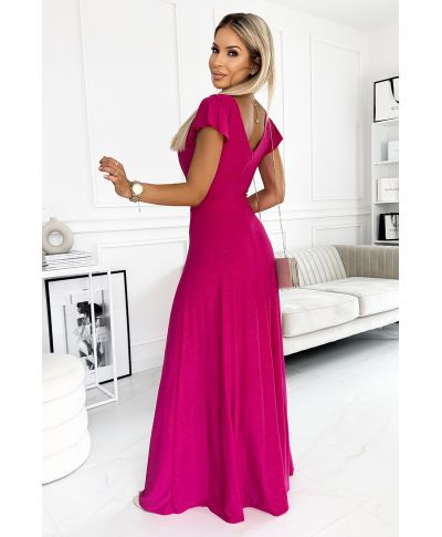 Abito lungo cerimonia fucsia brillante - Scollatura incrociata e spacco elegante - CRYSTAL - GOGOLFUN.IT
