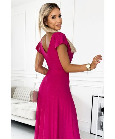Abito lungo cerimonia fucsia brillante - Scollatura incrociata e spacco elegante - CRYSTAL - GOGOLFUN.IT