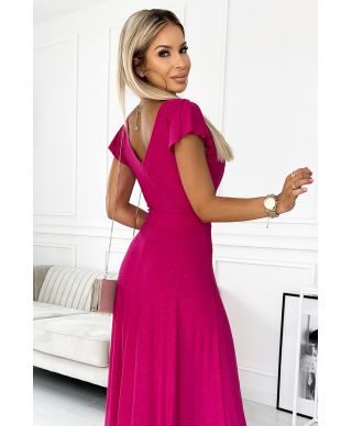  411-5 CRYSTAL połyskująca długa suknia z dekoltem - FUKSJA 