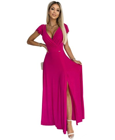 Abito lungo cerimonia fucsia brillante - Scollatura incrociata e spacco elegante - CRYSTAL - GOGOLFUN.IT