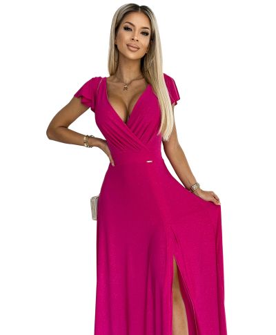 Abito lungo cerimonia fucsia brillante - Scollatura incrociata e spacco elegante - CRYSTAL - GOGOLFUN.IT