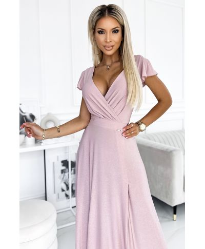 Abito cerimonia lungo - Rosa cipria - Scollatura incrociata - CRYSTAL - GOGOLFUN.IT