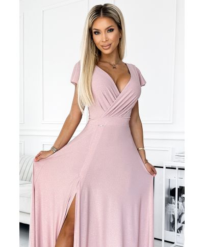 Abito cerimonia lungo - Rosa cipria - Scollatura incrociata - CRYSTAL - GOGOLFUN.IT