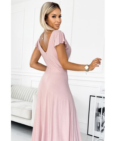 Abito cerimonia lungo - Rosa cipria - Scollatura incrociata - CRYSTAL - GOGOLFUN.IT