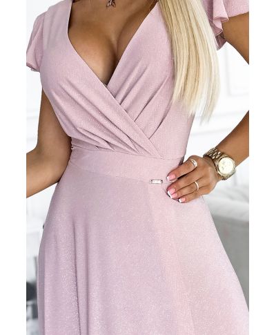 Abito cerimonia lungo - Rosa cipria - Scollatura incrociata - CRYSTAL - GOGOLFUN.IT