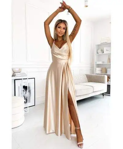  299-8 CHIARA elegancka maxi długa satynowa suknia na ramiączkach - ZŁOTA 