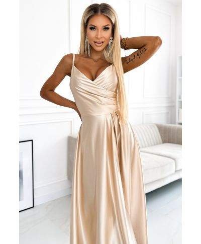  299-8 CHIARA elegancka maxi długa satynowa suknia na ramiączkach - ZŁOTA 