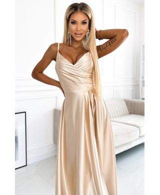 299-8 CHIARA elegancka maxi długa satynowa suknia na ramiączkach - ZŁOTA 