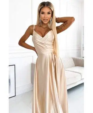  299-8 CHIARA elegancka maxi długa satynowa suknia na ramiączkach - ZŁOTA 