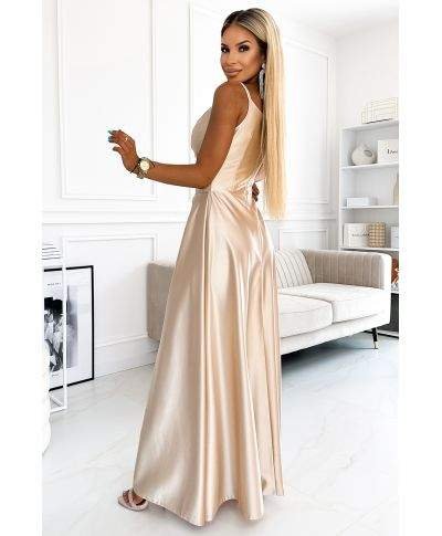  299-8 CHIARA elegancka maxi długa satynowa suknia na ramiączkach - ZŁOTA 