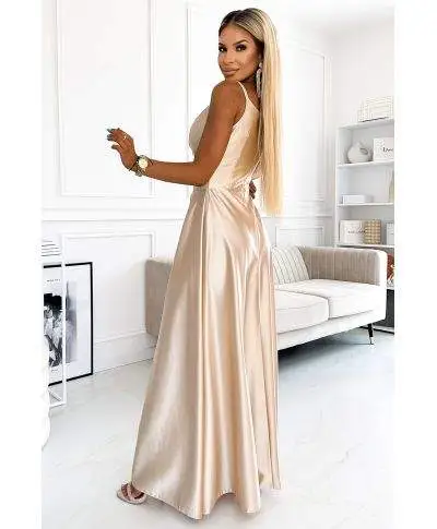  299-8 CHIARA elegancka maxi długa satynowa suknia na ramiączkach - ZŁOTA 