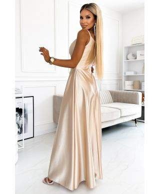  299-8 CHIARA elegancka maxi długa satynowa suknia na ramiączkach - ZŁOTA 