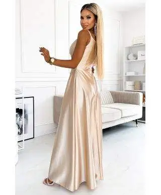  299-8 CHIARA elegancka maxi długa satynowa suknia na ramiączkach - ZŁOTA 
