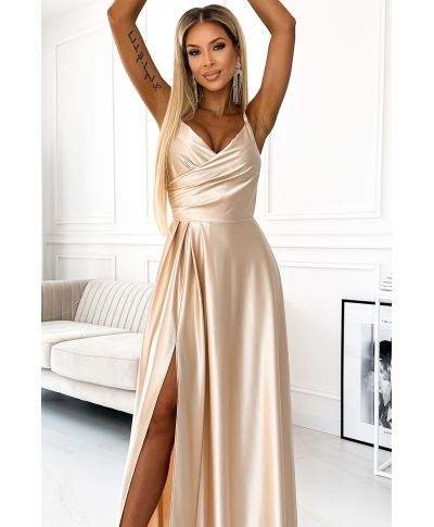  299-8 CHIARA elegancka maxi długa satynowa suknia na ramiączkach - ZŁOTA 