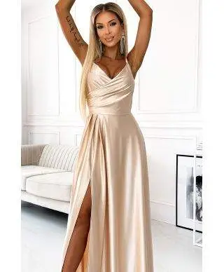  299-8 CHIARA elegancka maxi długa satynowa suknia na ramiączkach - ZŁOTA 