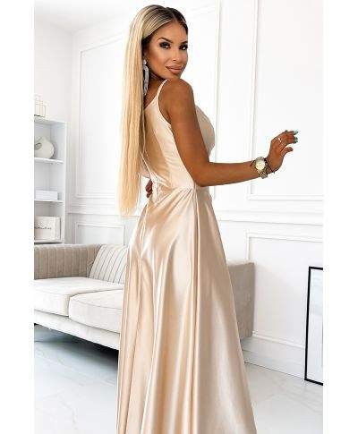  299-8 CHIARA elegancka maxi długa satynowa suknia na ramiączkach - ZŁOTA 
