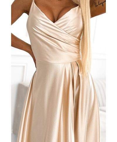  299-8 CHIARA elegancka maxi długa satynowa suknia na ramiączkach - ZŁOTA 