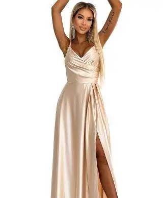  299-8 CHIARA elegancka maxi długa satynowa suknia na ramiączkach - ZŁOTA 