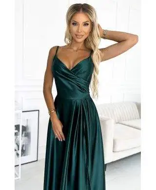  299-9 CHIARA elegancka maxi długa satynowa suknia na ramiączkach - ZIELEŃ BUTELKOWA 