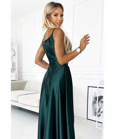  299-9 CHIARA elegancka maxi długa satynowa suknia na ramiączkach - ZIELEŃ BUTELKOWA 
