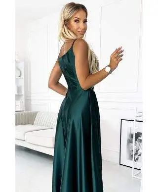  299-9 CHIARA elegancka maxi długa satynowa suknia na ramiączkach - ZIELEŃ BUTELKOWA 
