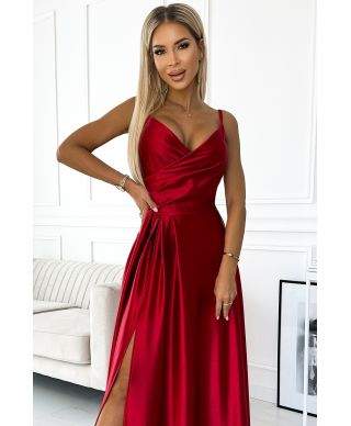  299-14 CHIARA elegancka maxi długa satynowa suknia na ramiączkach - CZERWONA 
