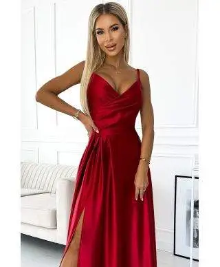 299-14 CHIARA elegancka maxi długa satynowa suknia na ramiączkach - CZERWONA 