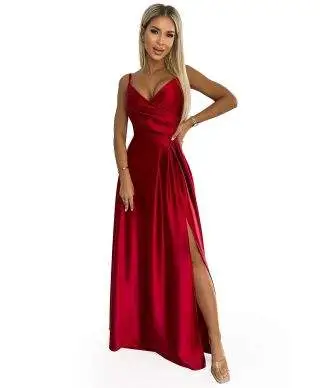  299-14 CHIARA elegancka maxi długa satynowa suknia na ramiączkach - CZERWONA 