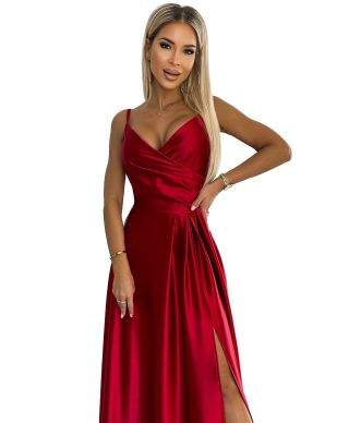  299-14 CHIARA elegancka maxi długa satynowa suknia na ramiączkach - CZERWONA 