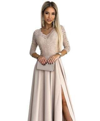  309-10 AMBER koronkowa elegancka długa suknia z dekoltem i rozcięciem na nogę - BEŻOWA 