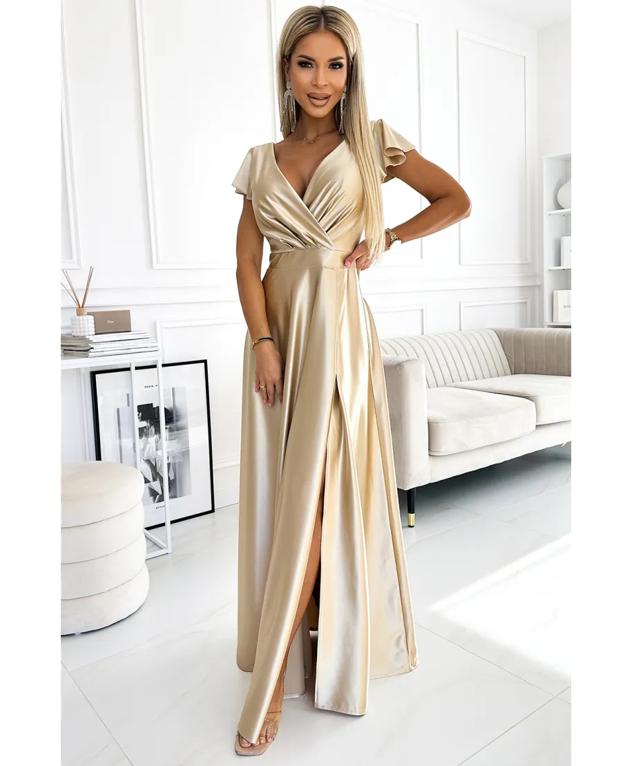 Abito lungo elegante color champagne in raso elasticizzato - CRYSTAL - gogolfun.it