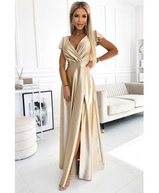 Abito lungo elegante color champagne in raso elasticizzato - CRYSTAL - gogolfun.it