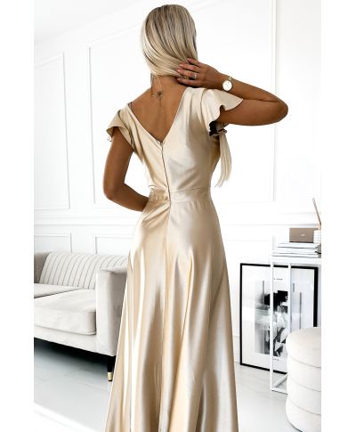 Abito lungo elegante color champagne in raso elasticizzato - CRYSTAL - gogolfun.it