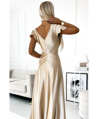  411-7 CRYSTAL satynowa długa suknia z dekoltem - ZŁOTA 