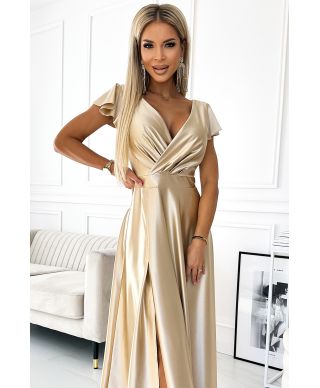  411-7 CRYSTAL satynowa długa suknia z dekoltem - ZŁOTA 