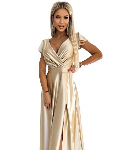 Abito lungo elegante color champagne in raso elasticizzato - CRYSTAL - gogolfun.it