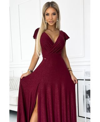  411-8 CRYSTAL połyskująca długa suknia z dekoltem - BORDOWA 