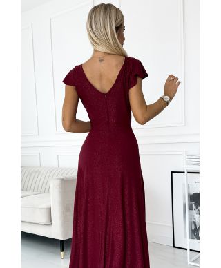  411-8 CRYSTAL połyskująca długa suknia z dekoltem - BORDOWA 