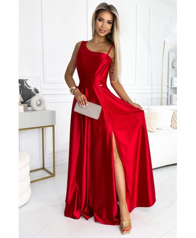  524-1 Długa elegancka satynowa suknia na jedno ramię  - CZERWONA 