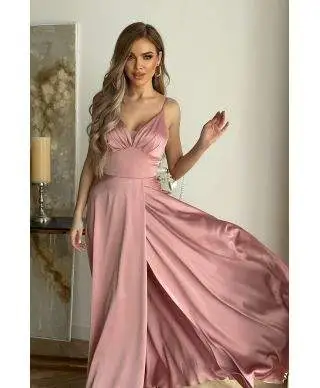 Vestito da cerimonia - In raso – Rosa antico - Vestiti da cerimonia con spacco - Gogolfun.it