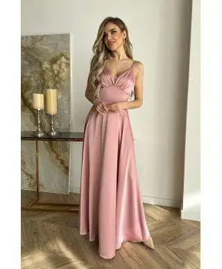 Vestito da cerimonia - In raso – Rosa antico - Vestiti da cerimonia con spacco - Gogolfun.it