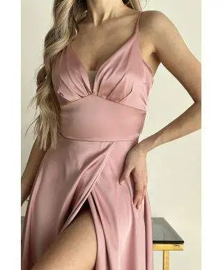 Vestito da cerimonia - In raso – Rosa antico - Vestiti da cerimonia con spacco - Gogolfun.it