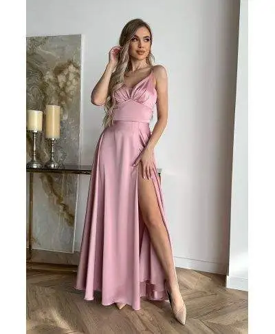 Vestito da cerimonia - In raso – Rosa antico - Vestiti da cerimonia con spacco - Gogolfun.it