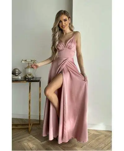 Vestito da cerimonia - In raso – Rosa antico - Vestiti da cerimonia con spacco - Gogolfun.it
